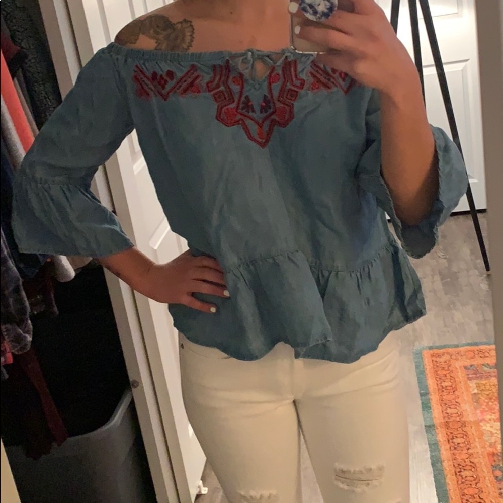 Off The Shoulder Denim Colored Blouse